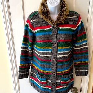 Hanna Andersson Wool Blend Cardigan‎ Sweater Girls 10/ 140 Multi Stripe Rainbow